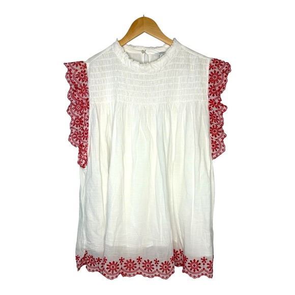 crown & ivy Tops - Crown‎ & Ivy Eyelet Top Smocked Ruffle White Red Cotton Women Plus Size 3X